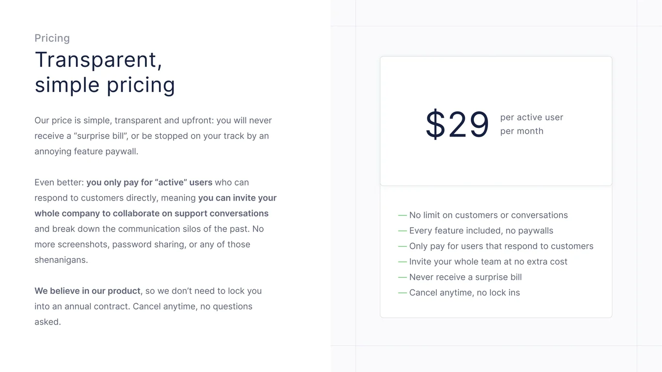 Transparent, simple pricing at $29 per active user monthly