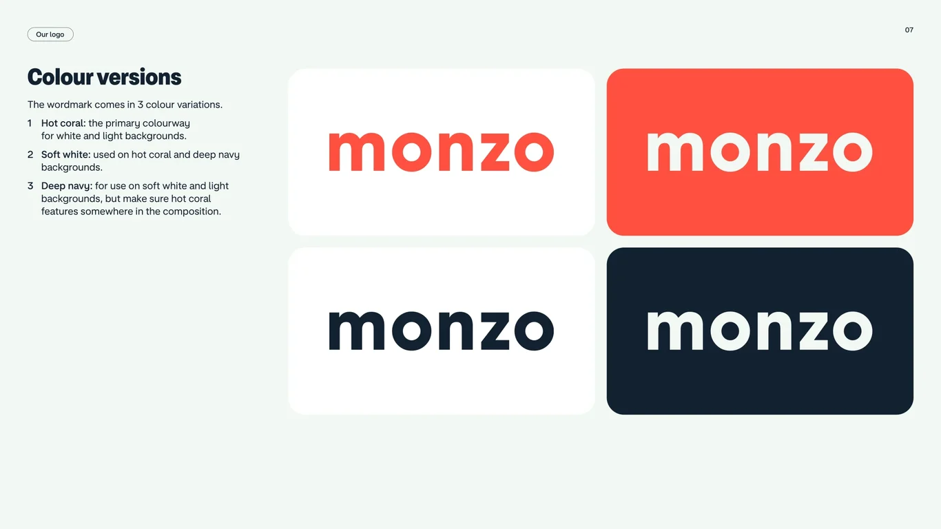 The wordmark comes in three color variations: hot coral
