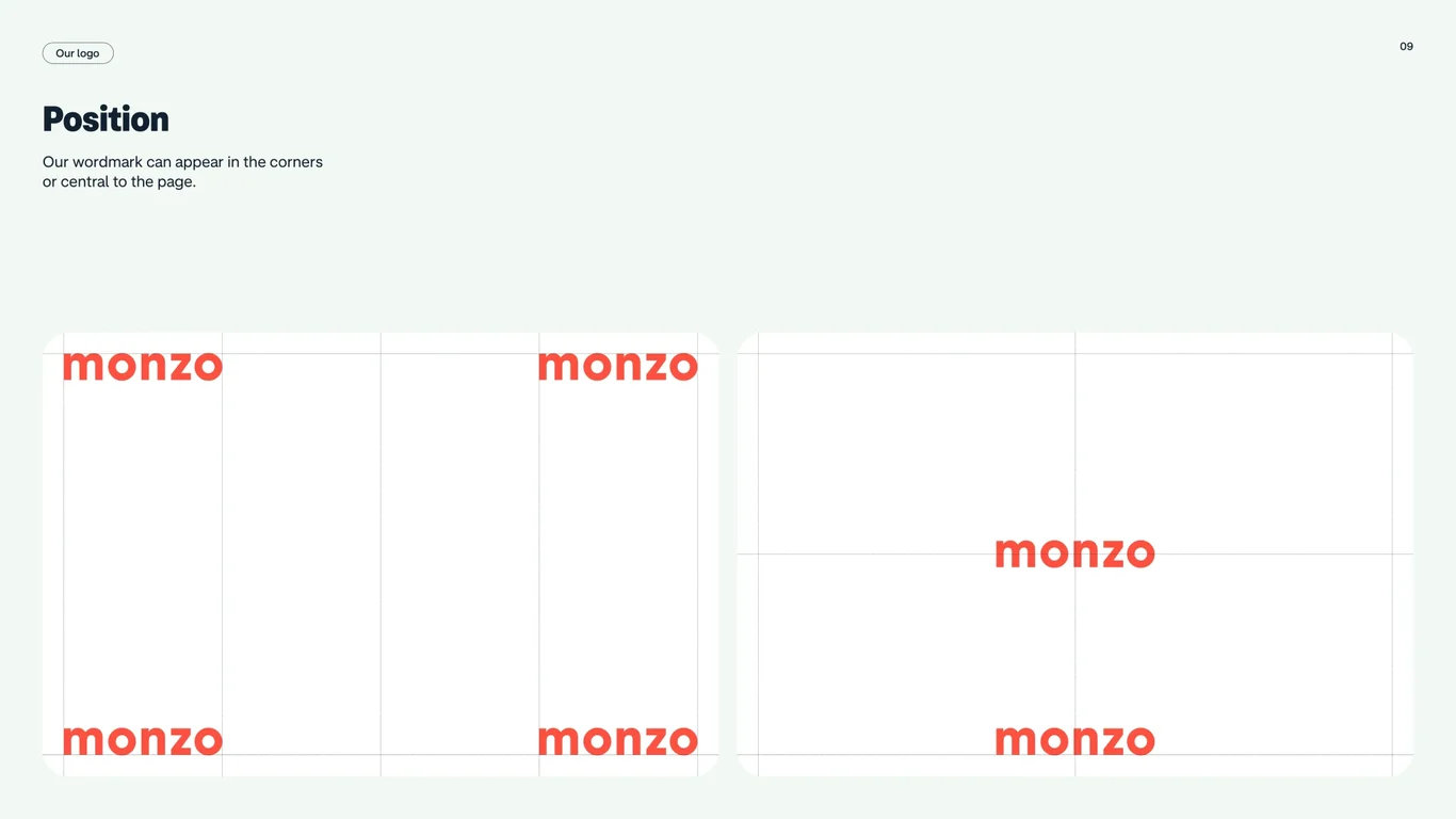 The Monzo wordmark can appear in corners or central positions