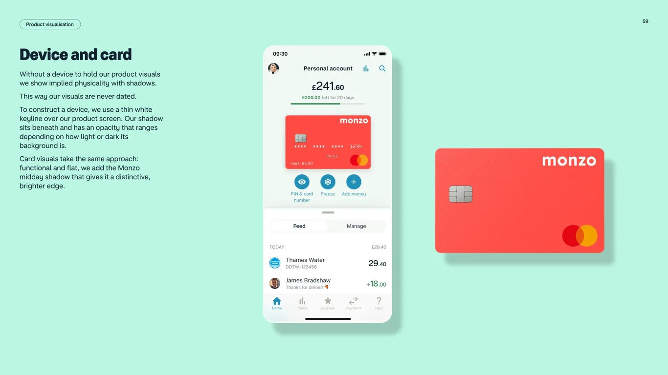 Example product screens showing UI design principles and brand application