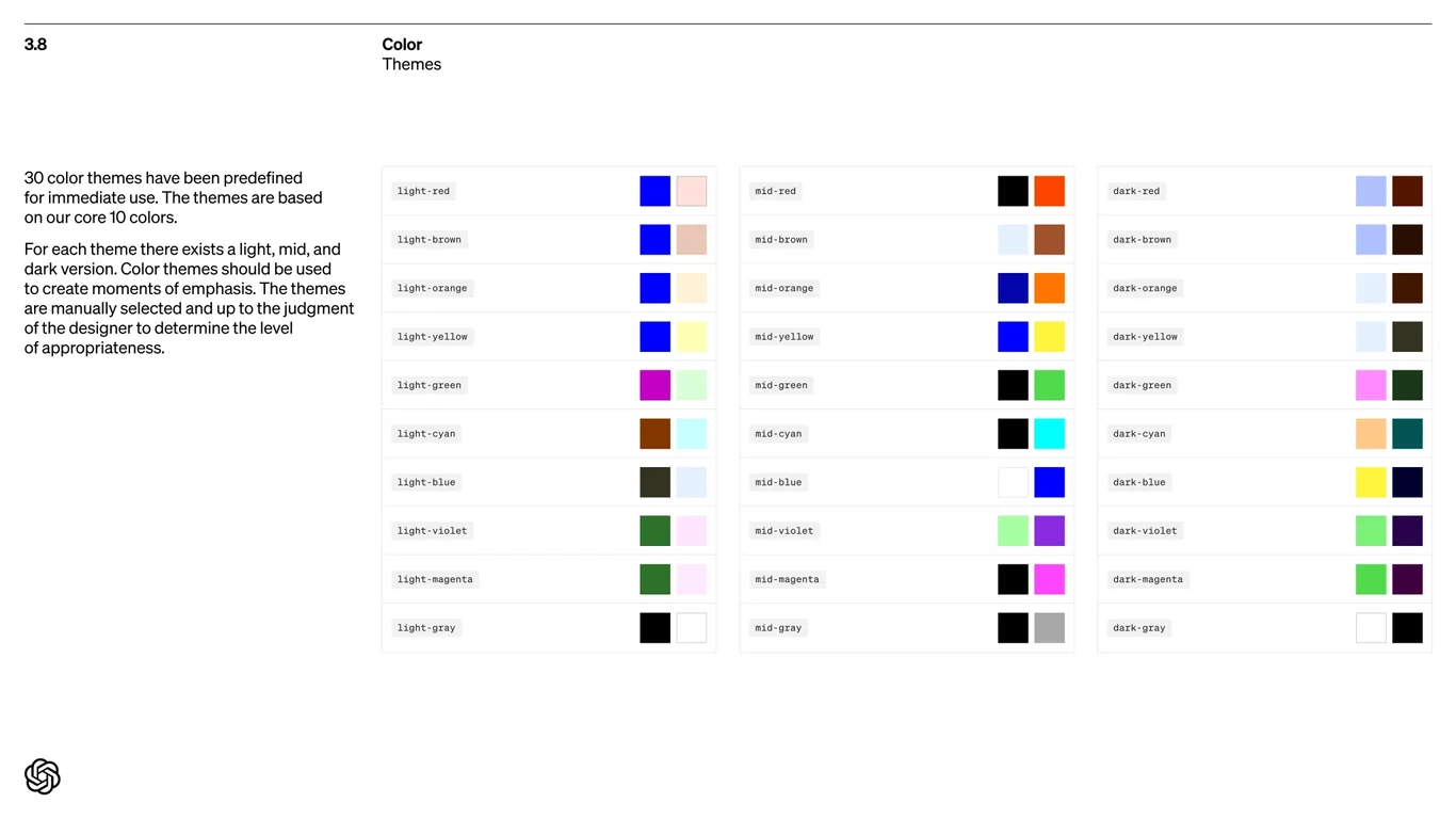 Thirty color themes with light, mid, dark