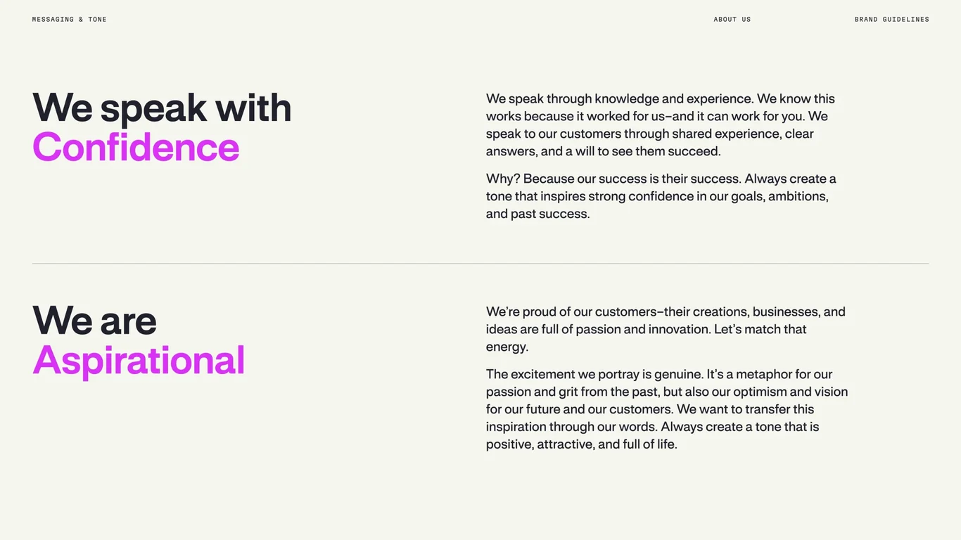 Messaging pillars: confidence, aspiration, and humanized tone