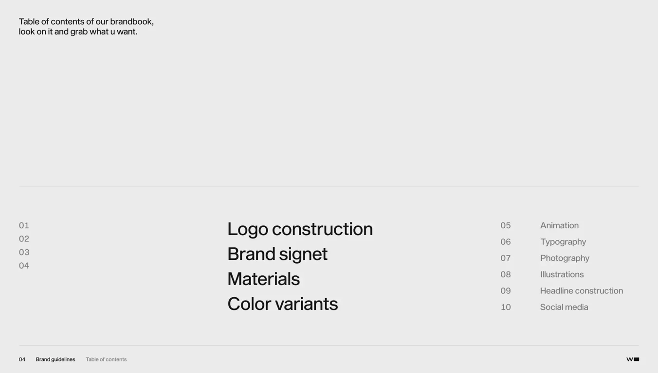 Navigation guide listing major sections: logo construction, brand signet, materials