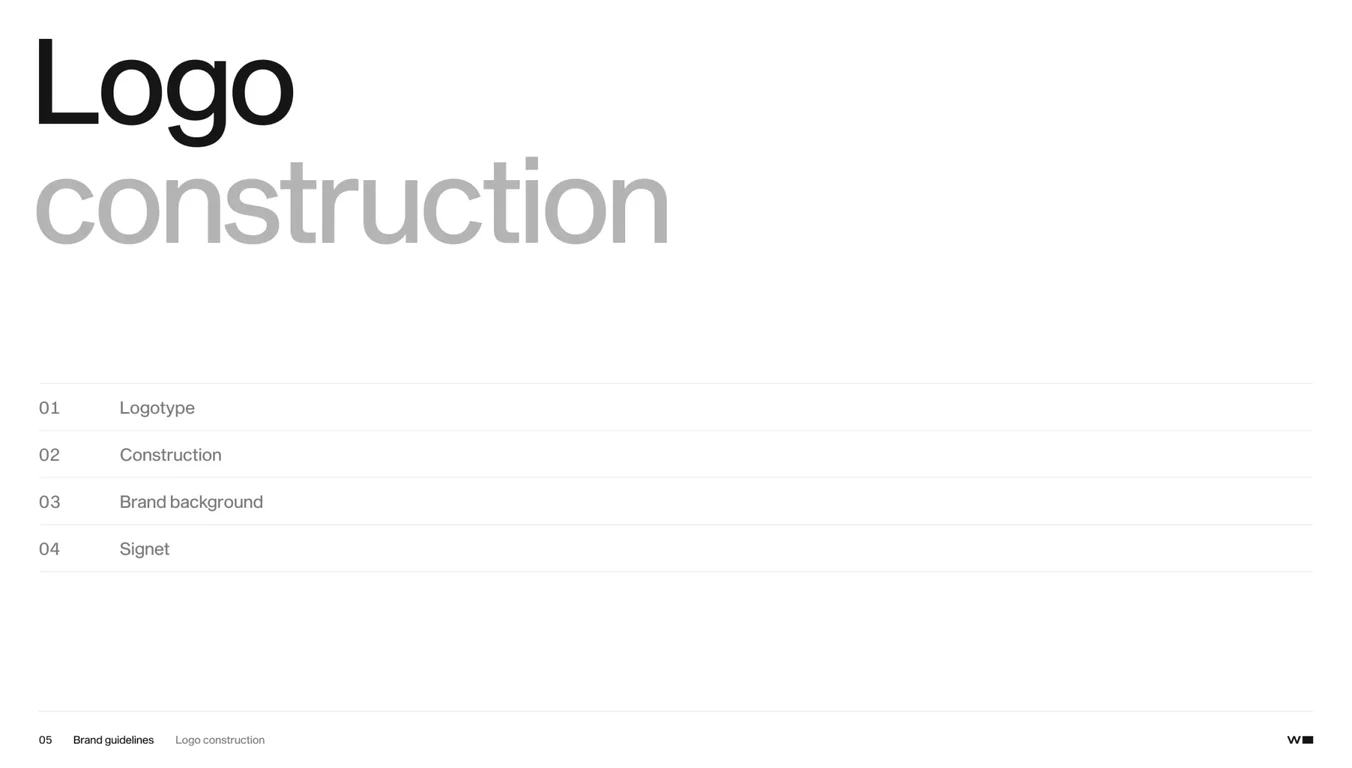 Section opener introducing logo guidelines covering logotype, construction methodology, brand