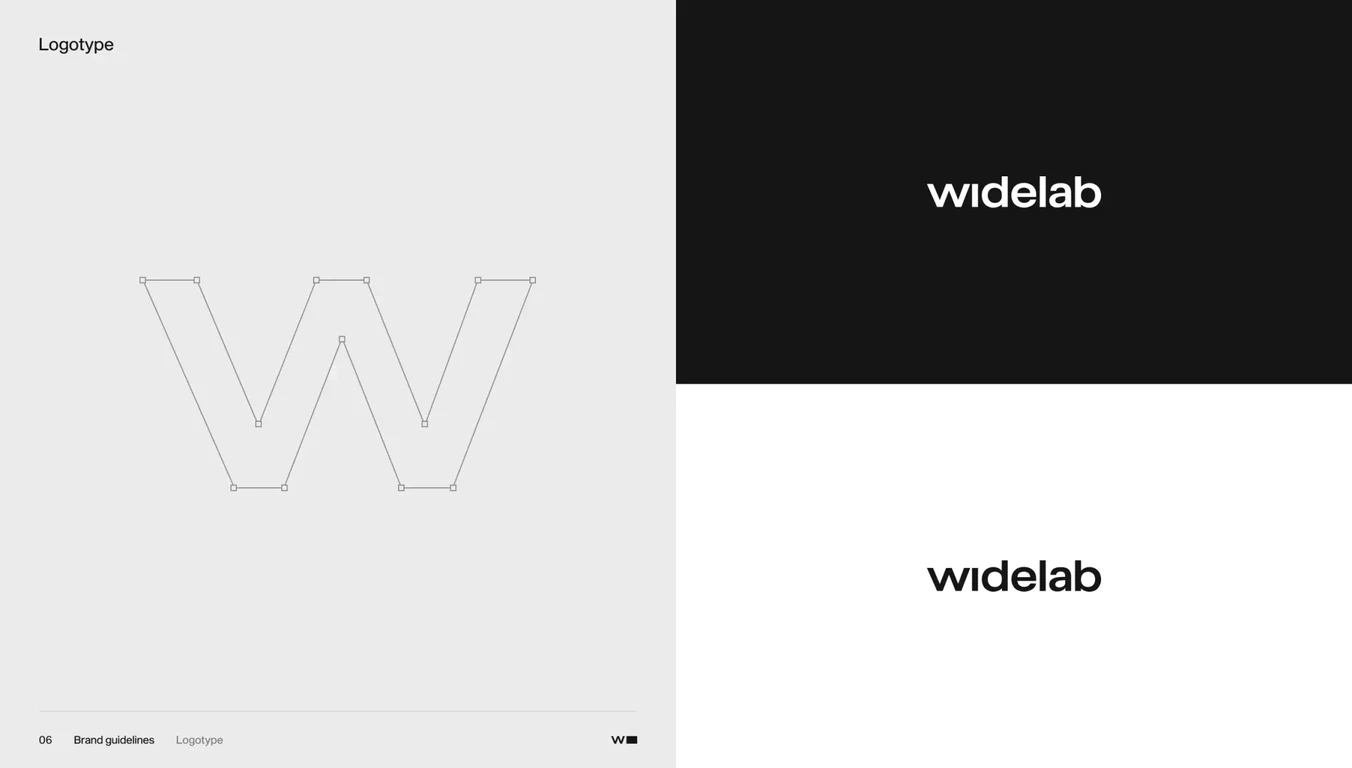 Widelabs logotype with usage examples showing the mark on dark