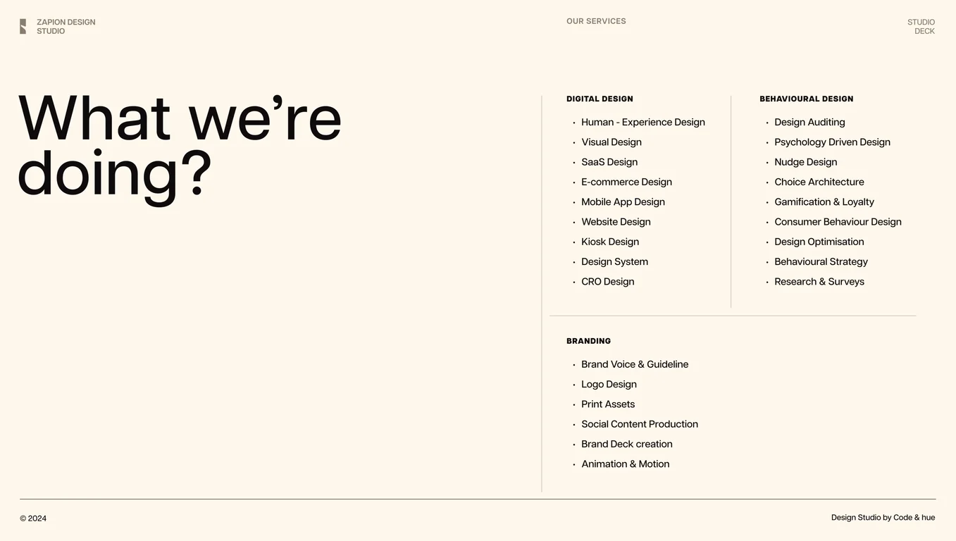 Three service categories: digital, behavioural, branding