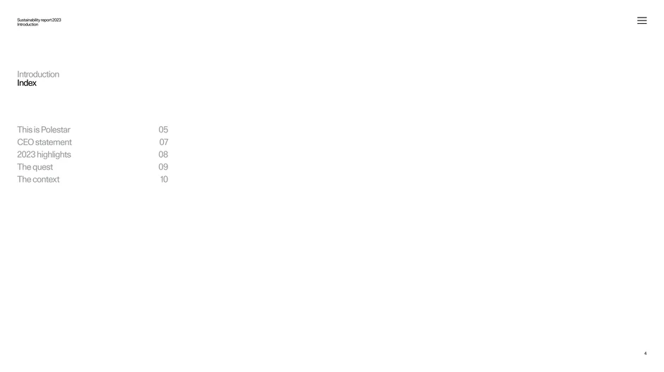 Contents of the introduction section, including Polestar overview, CEO statement