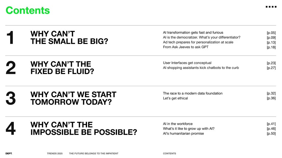 Contents: four provocative questions guiding the report
