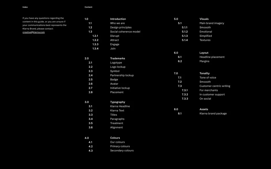 Table of contents listing the brandbook's sections, including introduction, trademarks