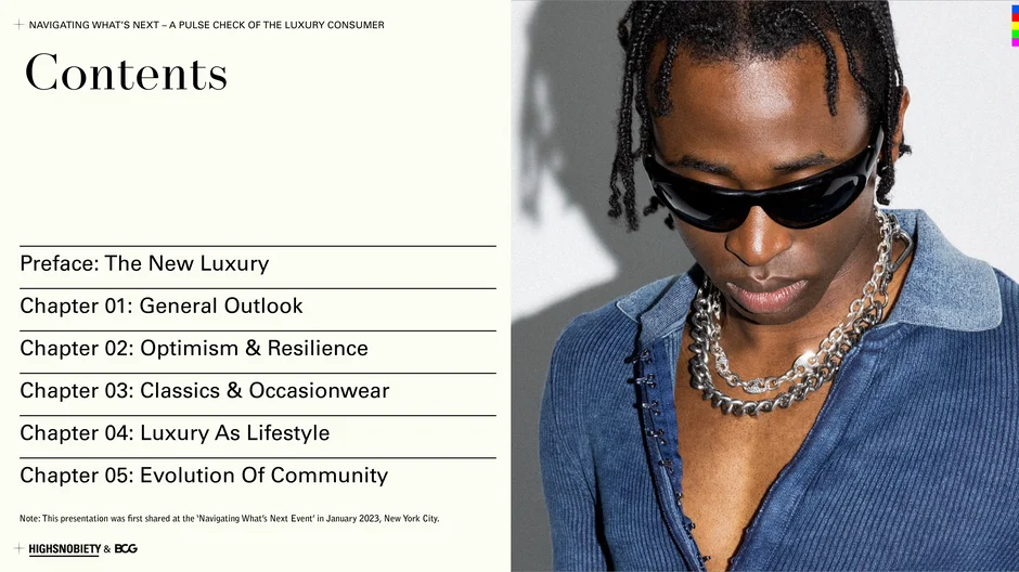Lists the report structure: Preface (The New Luxury) followed