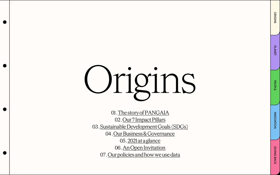 Introduces the Origins section and enumerates its chapters: the story