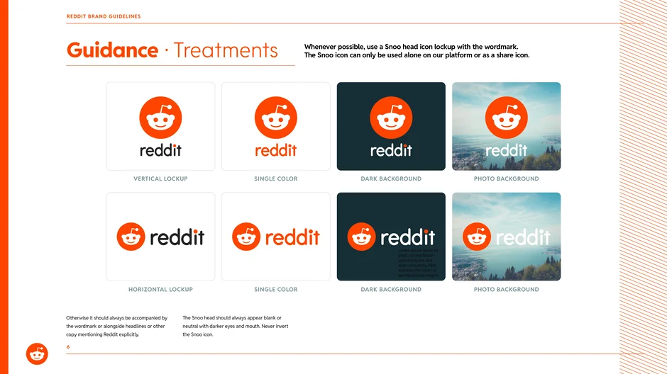 Approved treatments include vertical and horizontal Snoo+wordmark lockups, single-color, dark