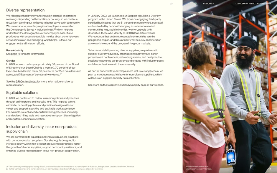 Summarizes workforce and supplier inclusion efforts: gender representation (board