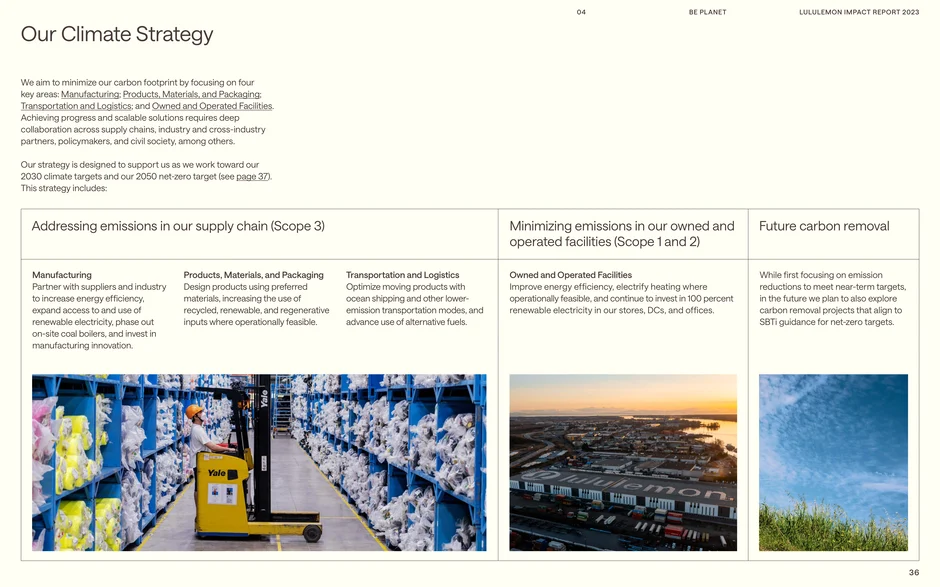 Summarizes lululemon’s climate strategy across four pillars:manufacturing and supply chain