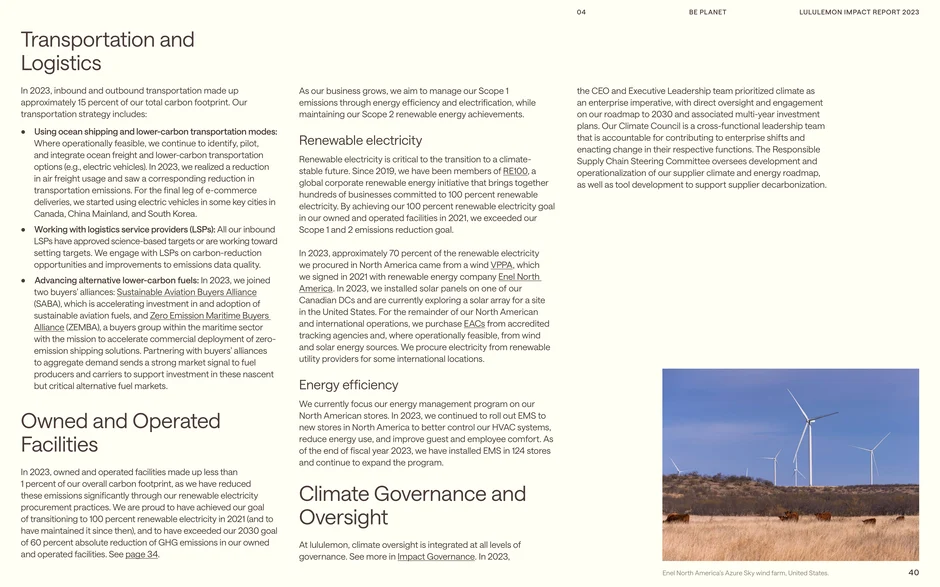 Covers transportation’s ~15% share of lululemon’s 2023 footprint and strategies