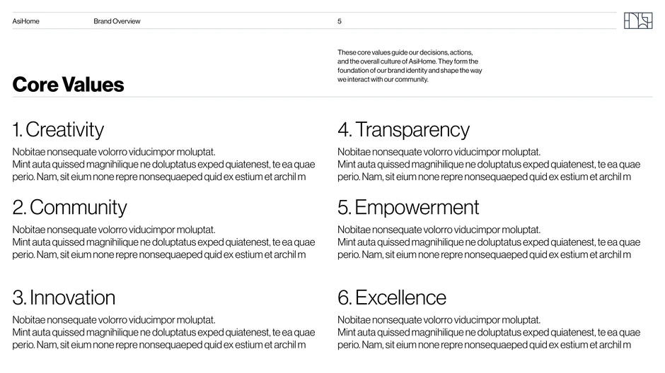 AsiHome's core values include creativity, community, innovation, transparency, empowerment