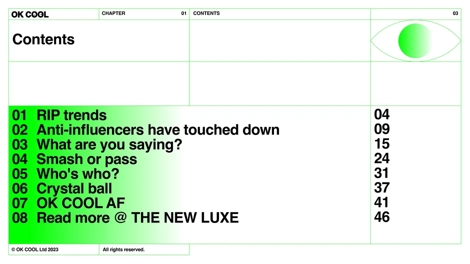 Eight chapters list trends and playbooks: RIP trends, anti-influencers