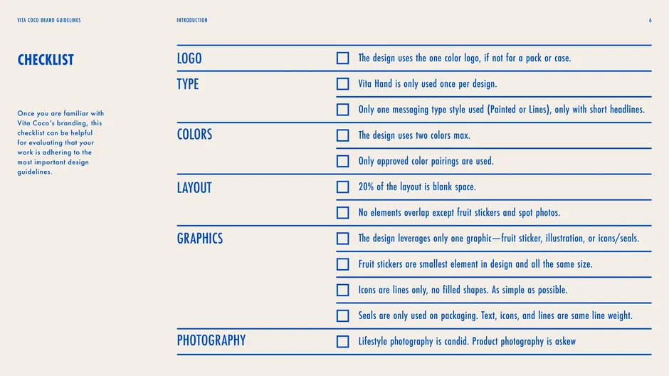 Practical checklist for evaluating designs covering logo, type, colors, system